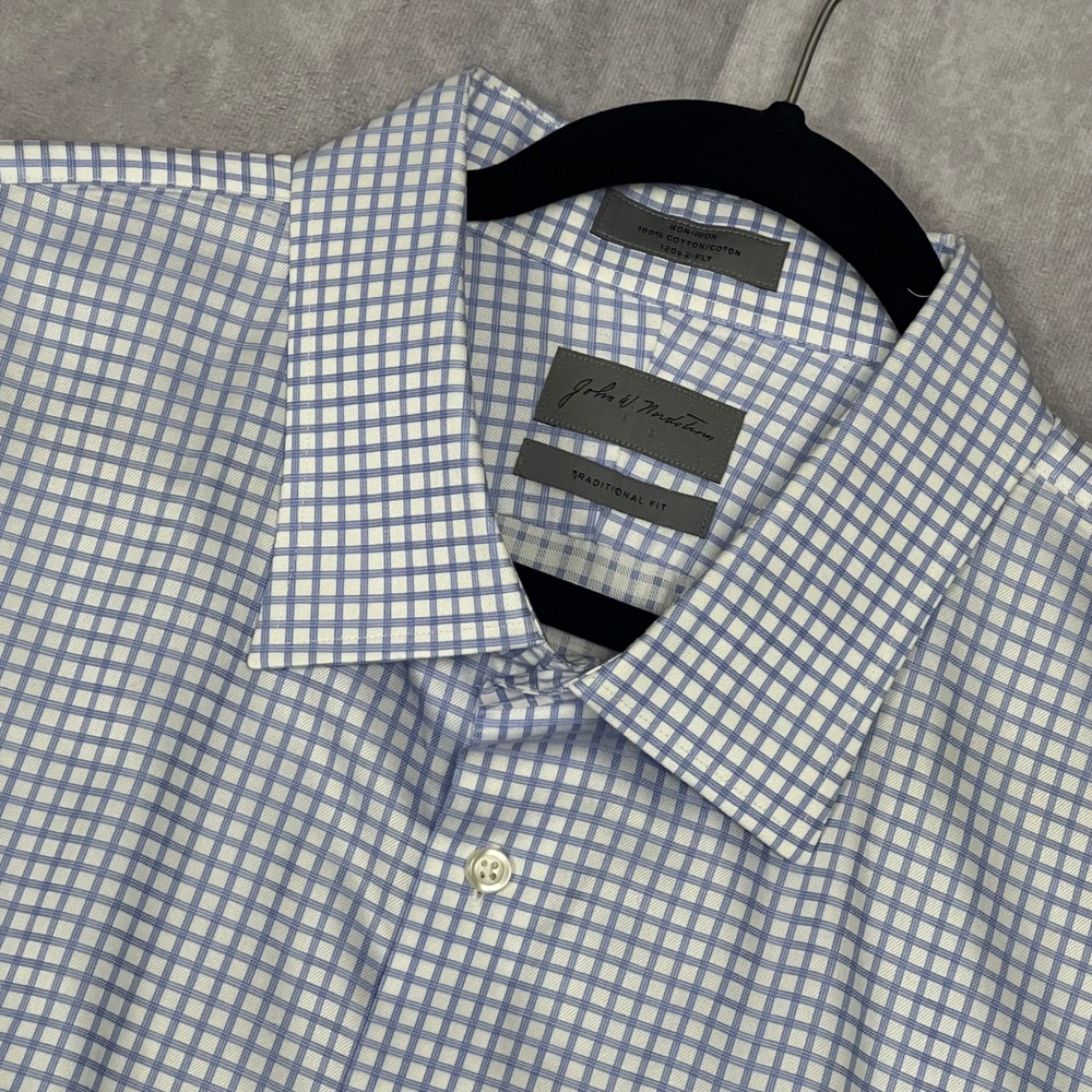 John W. Nordstrom Dress Shirt Mens‎ L Blue Check Fair Non-Iron Traditional Fit